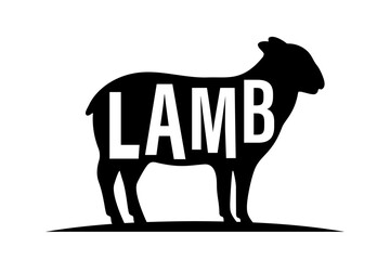 Sheep black silhouette with lettering. Sheep symbol. Ram silhouette. Farm animal icon isolated on white background.