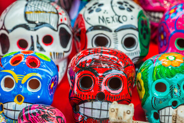Fototapeta na wymiar Colorful skulls for day of the dead celebration, Cancun, Mexico