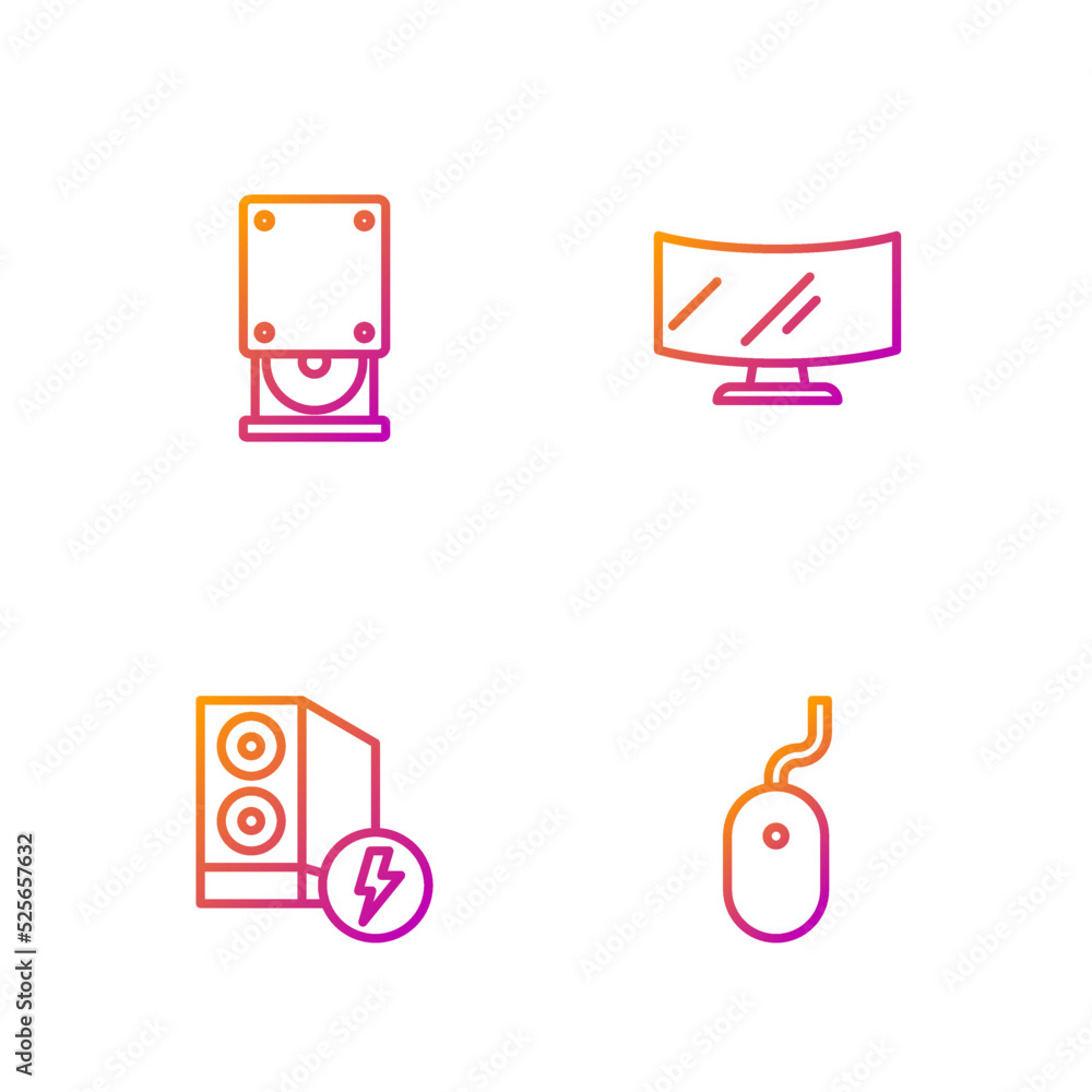 Poster set line computer mouse, case of computer, optical disc drive and monitor screen. gradient color ico