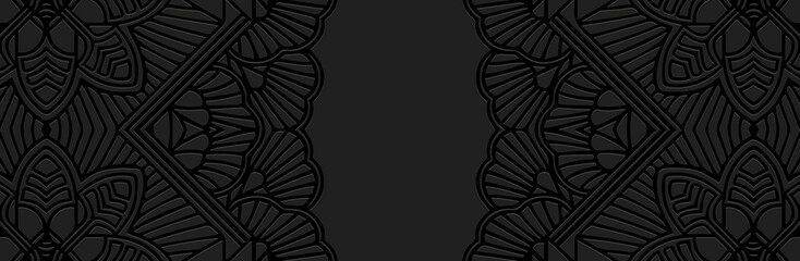 Banner, cover design. Embossed ethnic 3d pattern on a black background, doodling tribal lace texture, handmade. Folk traditional ornaments of the East, Asia, India, Mexico, Aztecs, Peru.