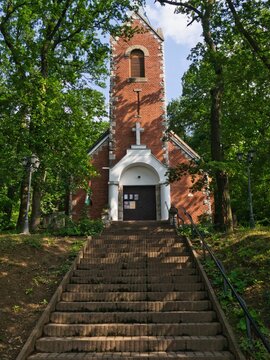 Vertical shot of the entrance of a reformed church in Fonyod, Hungary