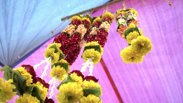 Traditional Indian flower garland mala hanging, India
