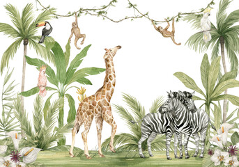 Watercolor composition with African animals and natural elements. Giraffe, monkeys, zebras, palm trees, flowers. Safari wild creatures. Jungle, tropical illustration for nursery wallpaper - obrazy, fototapety, plakaty