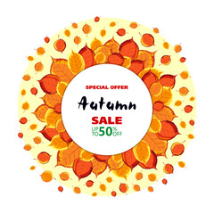 Promotion banner, autumn special offer, up to 50% discount. Bright autumn yellow and orange leaves around a white background