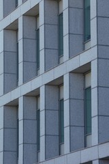 Vertical shot of a gray building ventilated facade with green windows