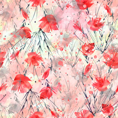 Seamless watercolor background  flowers, paint splash.Watercolor card with a picture of dragonfly,flower branch, poppy, peony, sheet,floral pattern.Flower fragrance.Trendy  vintage background