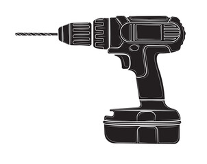 Black silhouette Illustration of a cordless drill on a white background. Repair tool. Vector illustration - obrazy, fototapety, plakaty