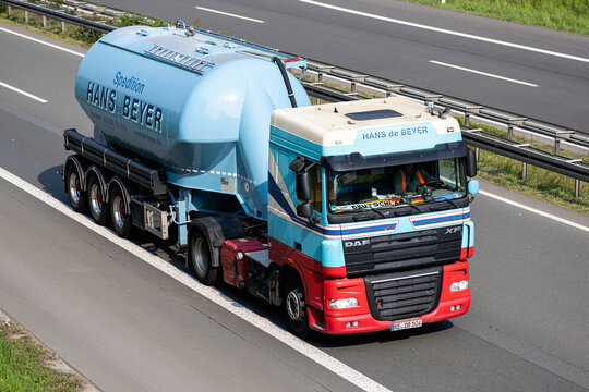 WIEHL, GERMANY - MAY 3, 2022: Hans De Beyer DAF XF Truck With Silo Trailer On Motorway