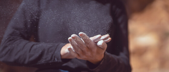 Girl is training, climbing in the mountains.