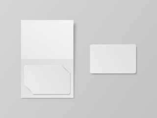 Vector 3d Realistic White Guest Room, Plastic Hotel Apartment Keycard, ID Card, Sale, Credit Card. Design Template with Paper Cover Case, Wallet for Mockup, Branding. Top View