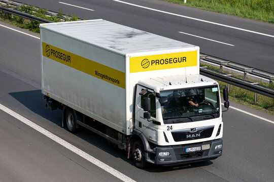 WIEHL, GERMANY - MAY 3, 2022: Prosegur MAN TGM coinage transporter on motorway