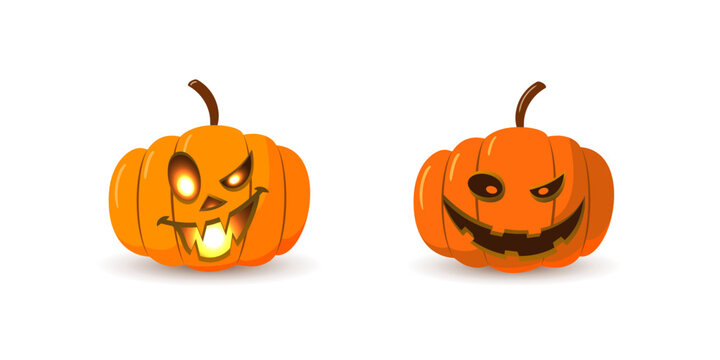 Halloween pumpkin icon set. Autumn symbol. 3D design. Halloween scary pumpkin face, smile, candle light, branch. Orange squash silhouette isolated white background. Cartoon colorful Vector llustration