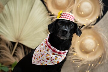 Closeup shot of a black dog with the costume of Festa Junina and a straw hat standing in the studio