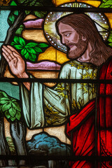 Fototapeta premium Jesus Christ blessing stained glass inside St Peter Church in Gramado, Brazil