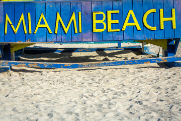 Miami Beach sign on wood lifeguard hut, South Beach, Florida