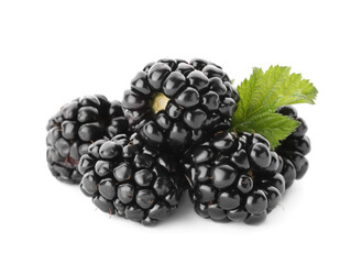 Tasty ripe blackberries and leaf on white background