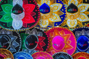 Colorful traditional mexican sombreros hats souvenirs, Cancun, Mexico