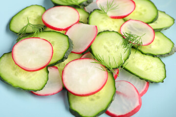 Tasty salad cucumber and radish, closeup view
