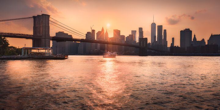 Fototapeta NYC sunset skyline of Manhattan and Brooklyn Bridge