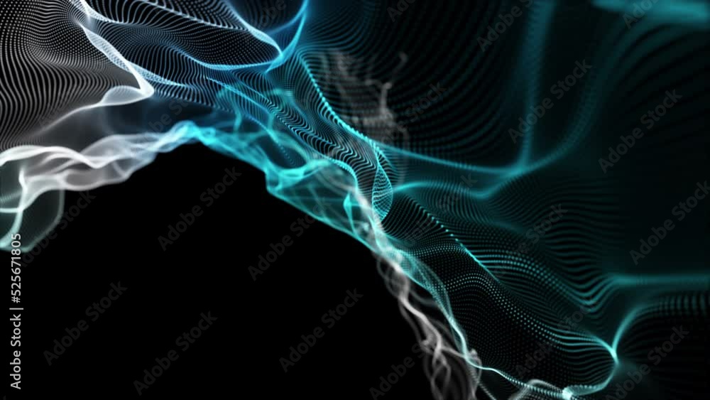 Poster futuristic video animation with particle wave object in slow motion, 4096x2304 loop 4k