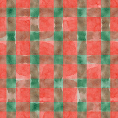 Hand painted watercolor red and green strokes checkered plaid, rustic tartan background. Gingham seamless pattern. Checkered watercolor pattern.