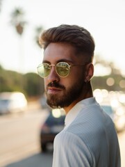 Young Spanish handsome man with a stylish hairstyle, tattoos, and sunglasses