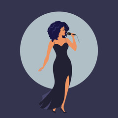 African American soul singer in concert dress singing into microphone. Cartoon flat style. Vector Illustration