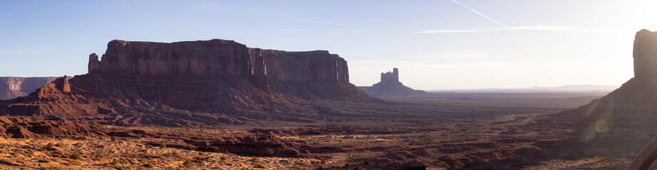 Desert Rocky Mountain American Landscape. Morning Sunny Sunrise Sky. Oljato-Monument Valley, Utah, United States. Nature Background Panorama