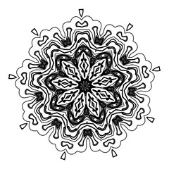 A beautiful snowflake. Oriental mandala, abstract flower. Vector circular symmetrical illustration made with a line. A picture for coloring books for adults. Contour drawing.