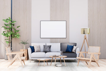 mock up poster frame in modern interior fully furnished rooms background, living room,