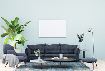 mock up poster frame in modern interior fully furnished rooms background, living room,