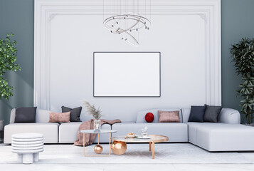 mock up poster frame in modern interior fully furnished rooms background, living room,