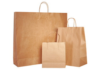 Brown paper bags of different sizes insulated on a white background.