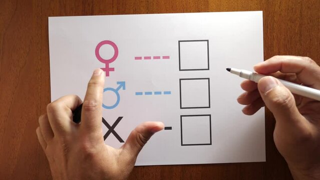 A person is determined by his gender. Sheet of paper with gender symbols. The right to one's identity.