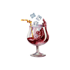 Red juice in a glass goblet with ice cubes. Watercolor illustration. Isolated. For design labels, packaging and banners.