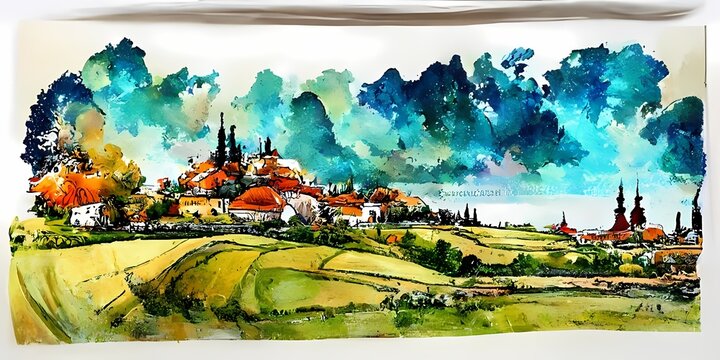 Hand drawn panoramic european landscape watercolor bac 