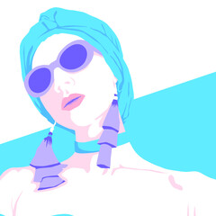 Fashion minimal illustration. Stylish tropical  relax girl. Vacation concept