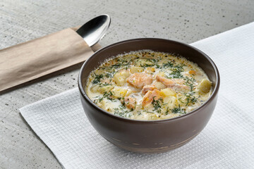 Seafood Chowder Fish Soup with Salmon, Cream and Potatoes Country cuisine, farm-style