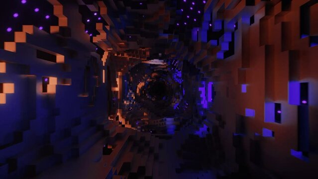 A tunnel with lights and sparkles. Design.A light tunnel with windows where different glitter flies in the animation that moves inwards.