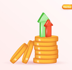 3D money coin stacks and red arrow up. Finance, investment, money earning growth illustration concept

