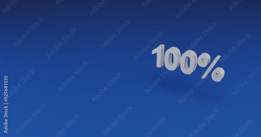 Poster isolated realistic white 100 percent symbol with shadow. located on the right side of the scene. 3d 