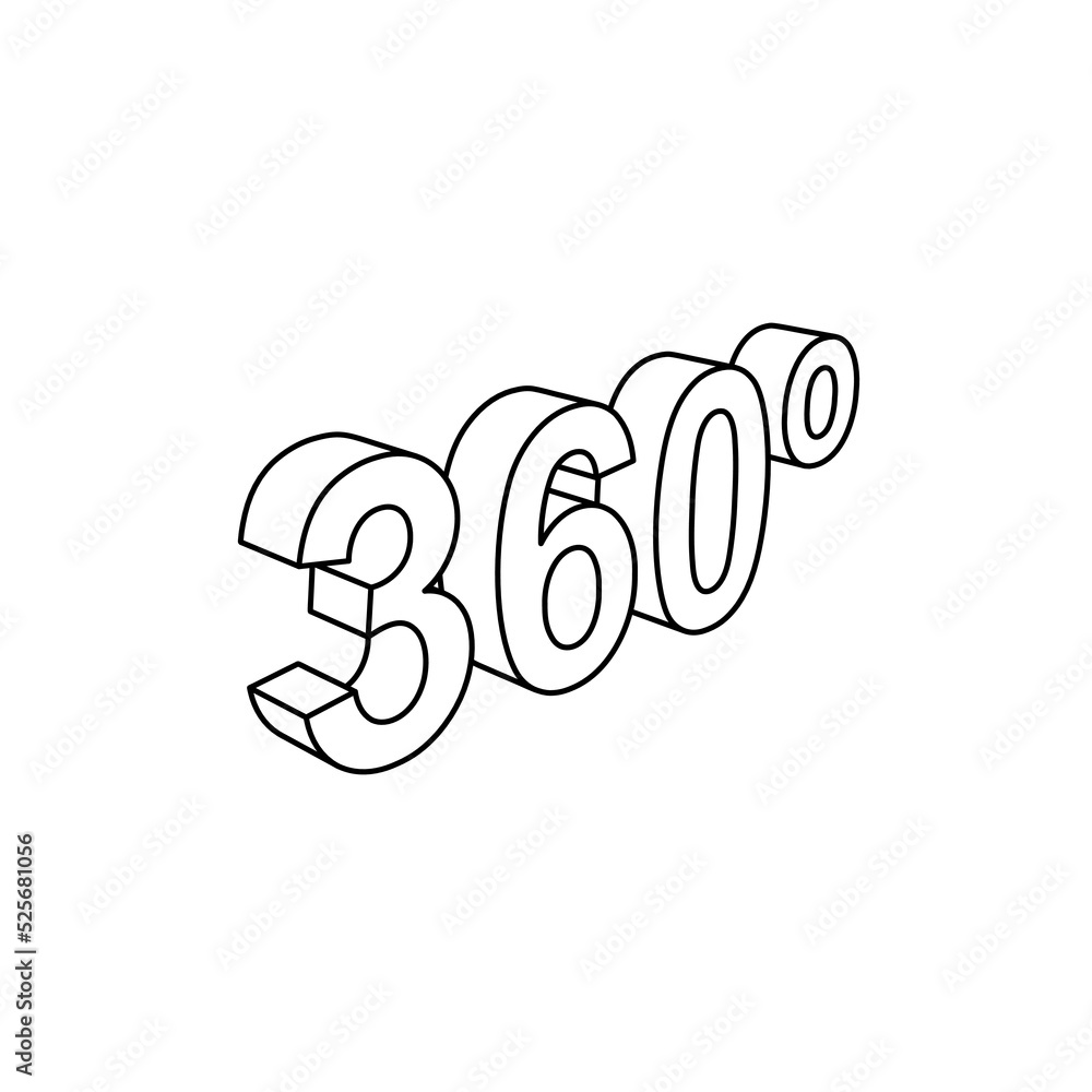 Poster the outline of a large 360 degree symbol is made with black lines. 3d view of the object in perspect