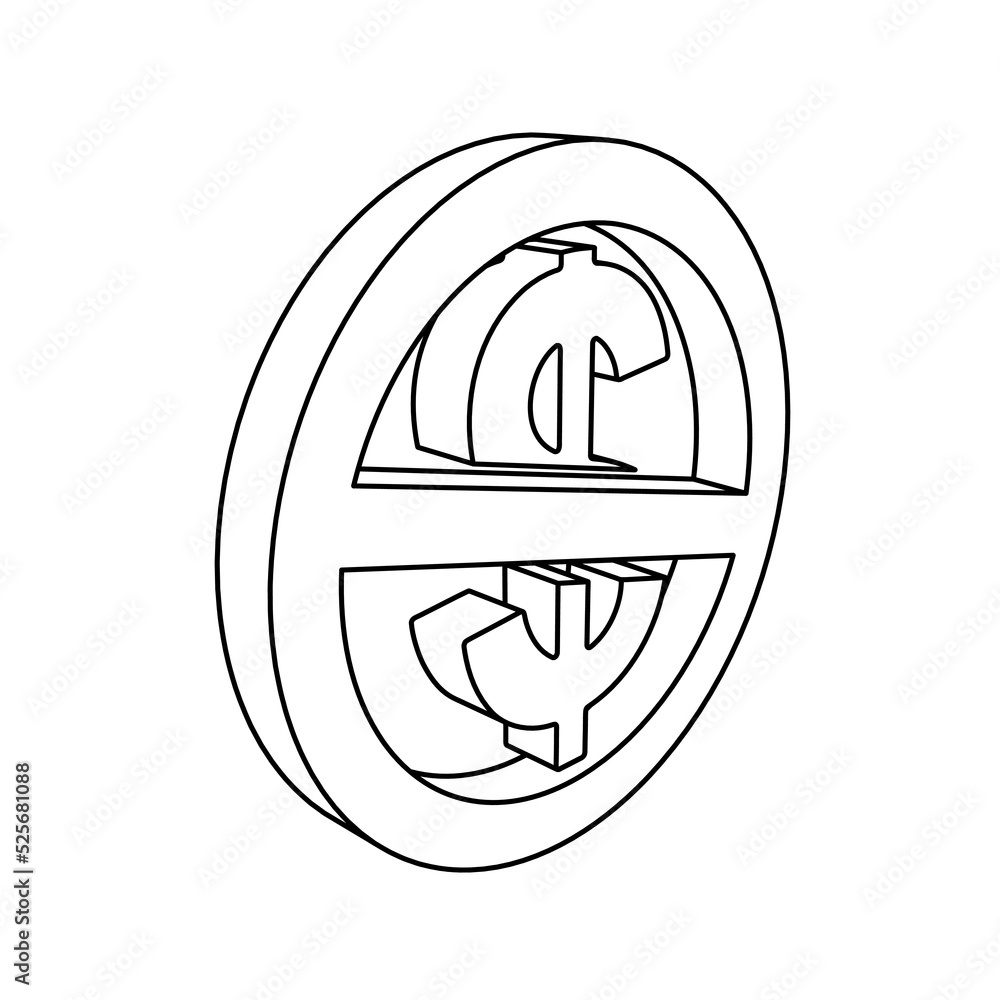 Poster the outline of a large no dollar symbol is made with black lines. 3d view of the object in perspecti