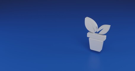 Isolated realistic white plant in pot symbol with shadow. Located on the right side of the scene. 3d illustration on blue background