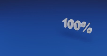 Isolated realistic white 100 percent symbol with shadow. Located on the right side of the scene. 3d illustration on blue background