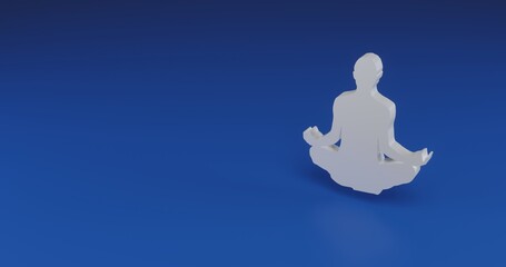 Isolated realistic white yoga symbol with shadow. Located on the right side of the scene. 3d illustration on blue background