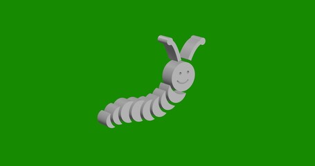 Isolated realistic white caterpillar symbol front view with shadow. 3d illustration on green chroma key background