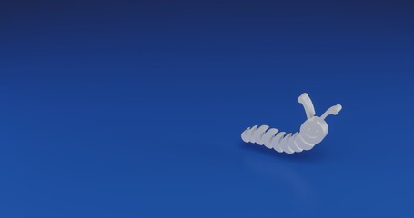 Isolated realistic white caterpillar symbol with shadow. Located on the right side of the scene. 3d illustration on blue background