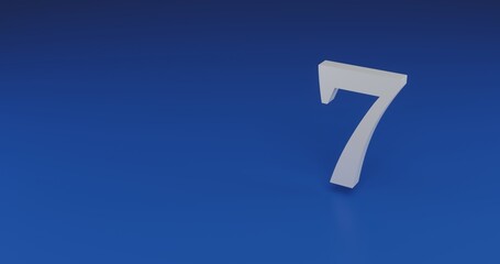 Isolated realistic white number seven symbol with shadow. Located on the right side of the scene. 3d illustration on blue background