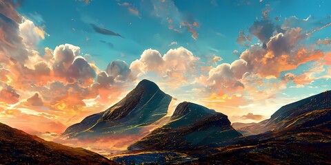 Fototapeta na wymiar Mountainous highlands landscape against a sunset sky 